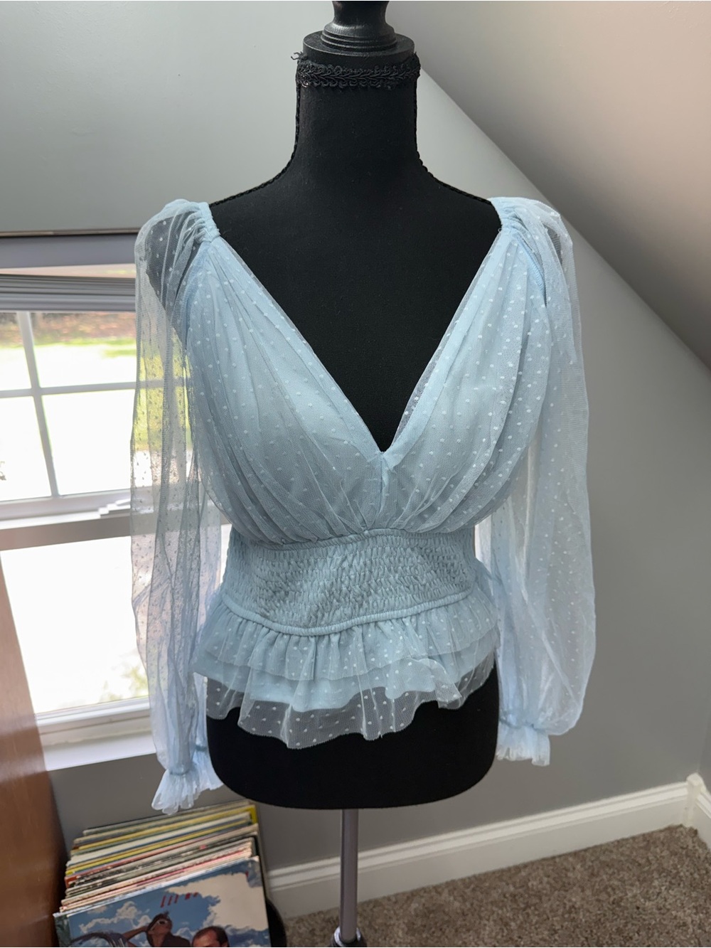 Elegant Light Blue Swiss Dot V-Neck Peplum Blouse
